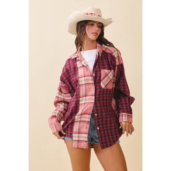 Pink Mauve Kambrie Button Down Plaid Patchwork Flannel Casual Shirt - Picture 6 of 8